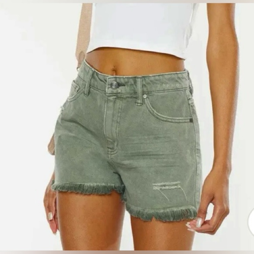 NEW * KanCan High Rise Olive Denim Shorts, Distressed, Raw Hem, size 27